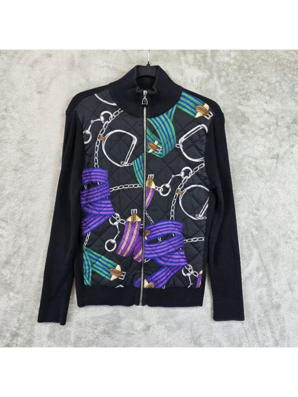 Lauren Ralph Lauren Sweater Womens L Multicolor Horse Quilted Full Zip Knit VTG